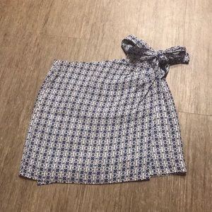 Blue and white patterned mini wrap skirt